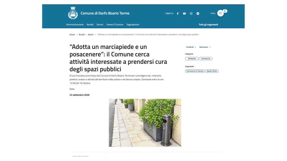 Adotta un marciapiede, il comune cerca attività interessate a prendersi cura degli spazi pubblici